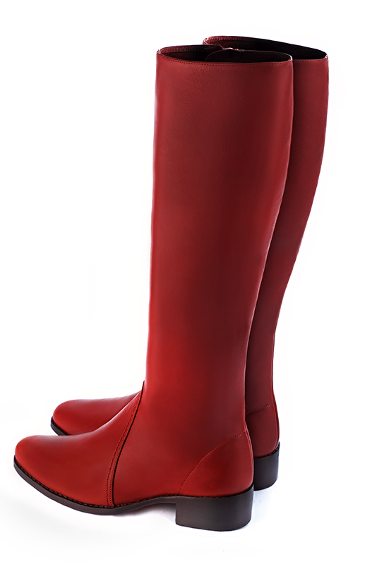 Scarlet red women's riding knee-high boots. Round toe. Low leather soles. Made to measure. Rear view - Florence KOOIJMAN